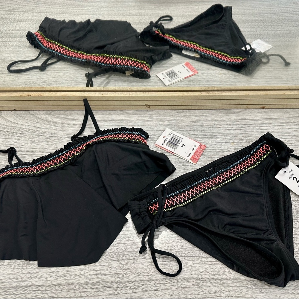 Black Girls Two-Piece Swim Set with Multicolor Trim